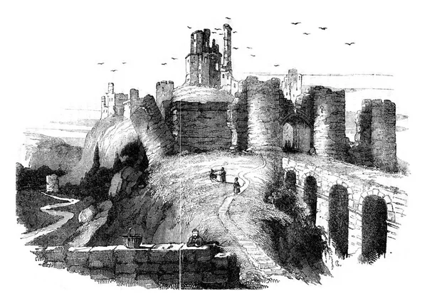 Ruinerna Corfe Castle Earl Dorset Vintage Graverad Illustration Englands Färgstarka — Stockfoto