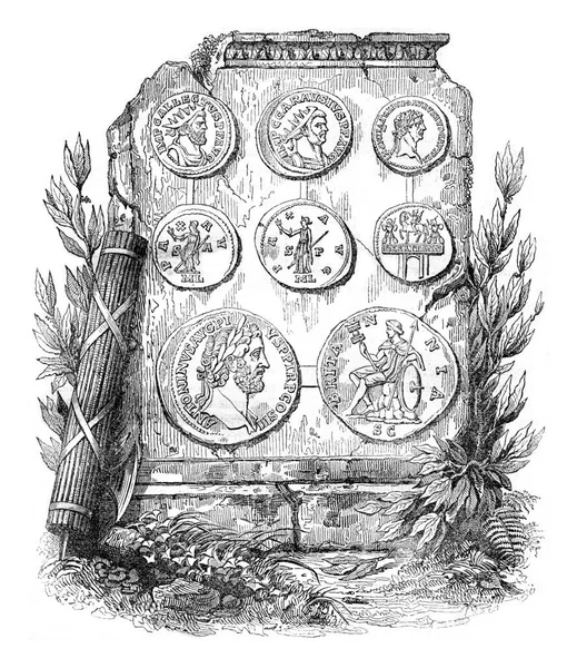 ローマ皇帝の下で鋳造された硬貨 ヴィンテージの刻まれたイラスト イングランドのカラフルな歴史 1837 — ストック写真