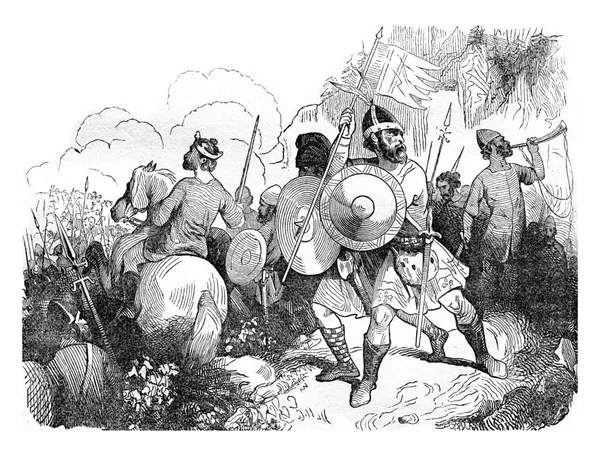 撒克逊战士在11世纪 古老的雕刻插图 英国多姿多彩的历史 1837年 — 图库照片