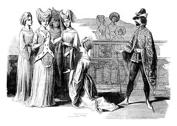 Costumes Époque Henri Illustration Gravée Vintage Histoire Colorée Angleterre 1837 — Photo