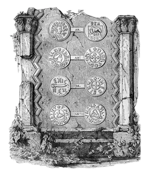 建筑碎片和撒克逊硬币 老式雕刻插图 英国多姿多彩的历史 1837年 — 图库照片