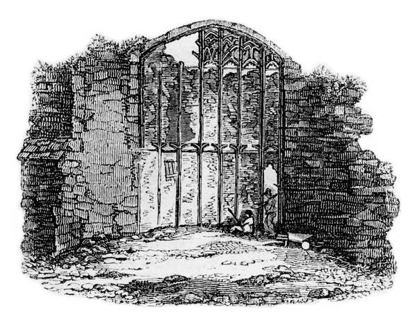 萨伏伊宫哥特式窗户的残破 古老的雕刻插图 英国多姿多彩的历史 1837年 — 图库照片