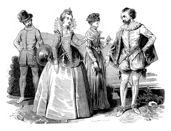 Costumes Elizabethan 1565 1569 Vintage Engraved Illustration Colorful History England — Stock Photo, Image