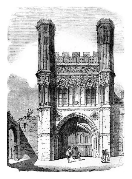 坎特伯雷大教堂圣奥古斯丁门 古老的雕刻插图 英国多姿多彩的历史 1837年 — 图库照片