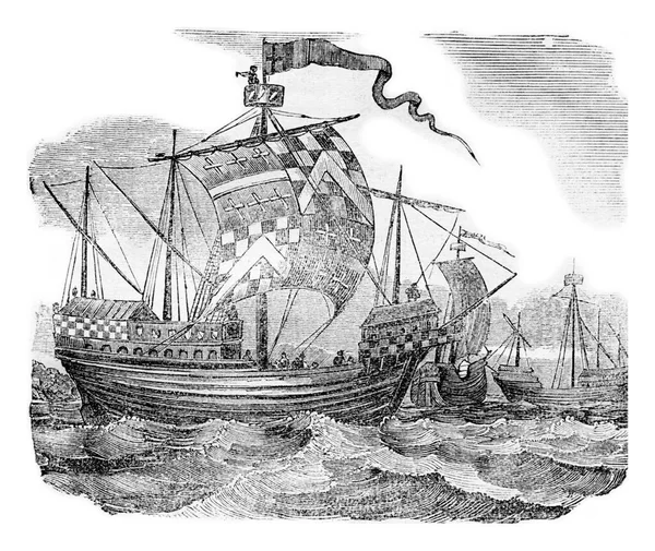 爱德华四世统治时期的英国船只 古老的雕刻插图 英国多姿多彩的历史 1837年 — 图库照片