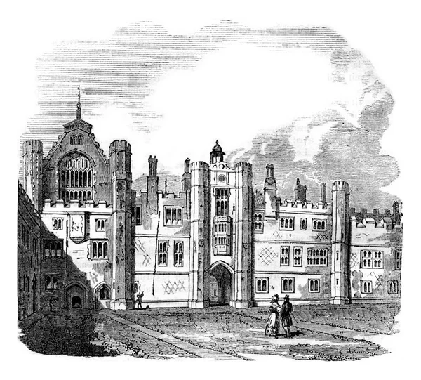 第七宫Homptoncourt由Wolsey提出 古老的雕刻插图 英国多姿多彩的历史 1837年 — 图库照片