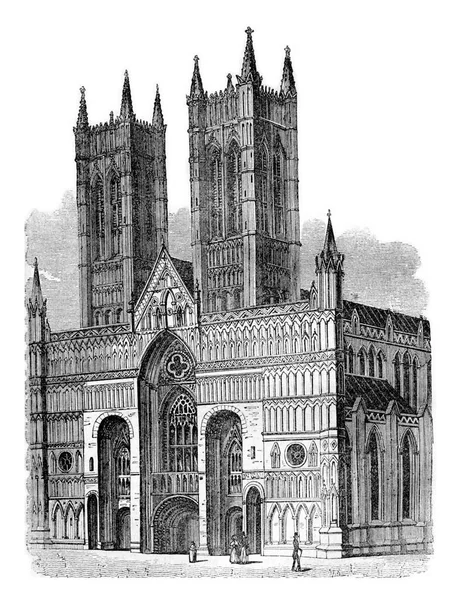 Lincoln Cathedral West Facade Vintage Engraved Illustration Colorful History England — Stock Photo, Image