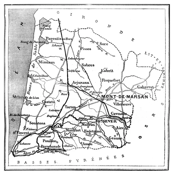 デLandes部門 ヴィンテージ刻まれたイラストの地図 Journal Des Voyages Travel Journal 1879年 1880年 — ストック写真