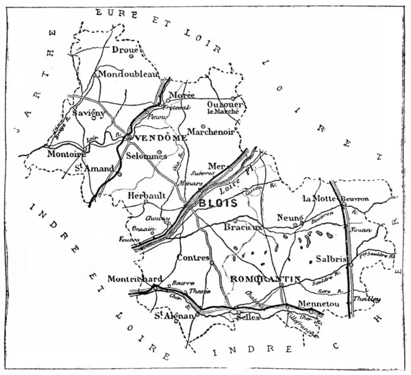 Loir Cher ヴィンテージ彫刻のイラスト部門の地図 Journal Des Voyages Travel Journal 1879年 1880年 — ストック写真