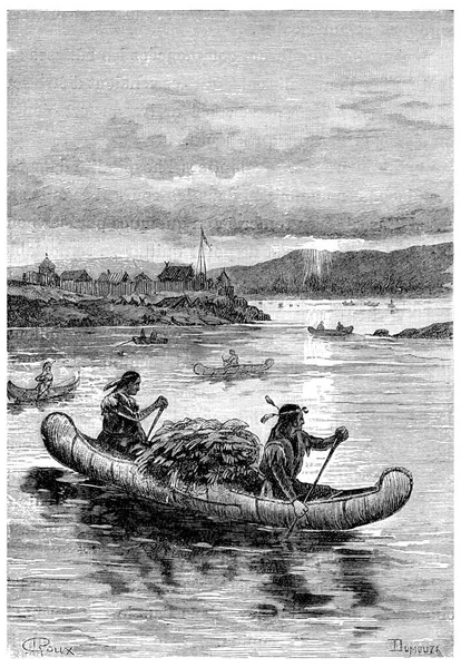 Palubě Těchto Křehkých Lodí Které Indiáni Odváží Staré Ryté Ilustrace — Stock fotografie