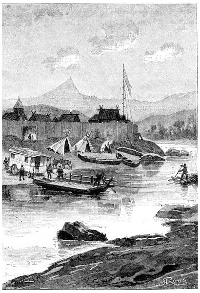 선박은 카라반을 오른쪽 강변에 운반하여 빈티지 그림을 그렸다 Jules Verne — 스톡 사진