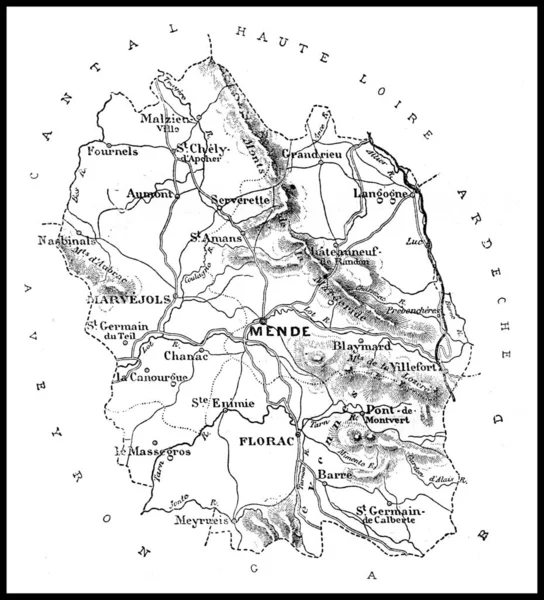 Mappa Del Dipartimento Lozere Illustrazione Incisa Epoca Journal Des Voyages — Foto Stock