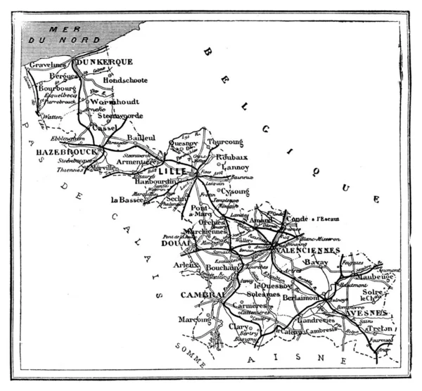 北部省地图 老式版画 Journal Des Voyage Travel Journal 1879 — 图库照片