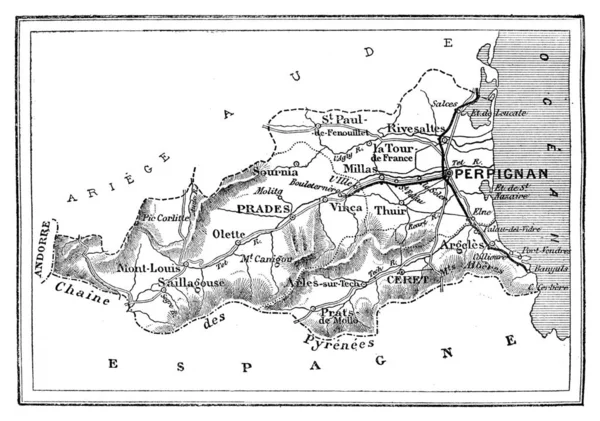 Χάρτης Του Διαμερίσματος Των Ανατολικών Πυρηναίων Vintage Χαρακτική Απεικόνιση Journal — Φωτογραφία Αρχείου