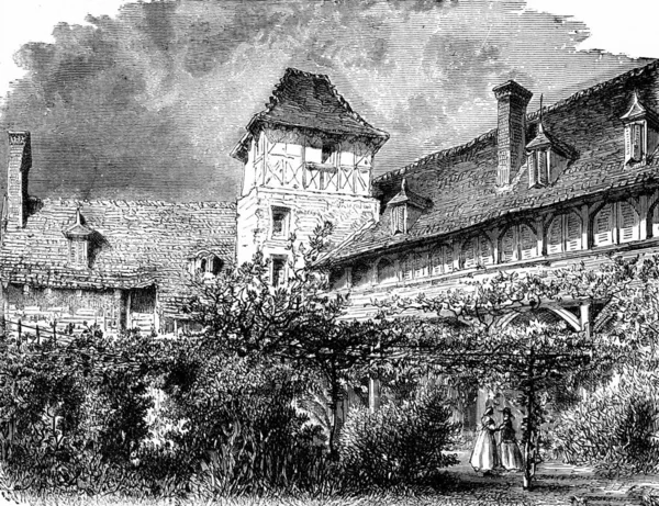 ヴィシーにあるマダム セヴィーンの家には ヴィンテージの彫刻が施されています Journal Des Voyages Travel Journal 1880年 1881年 — ストック写真