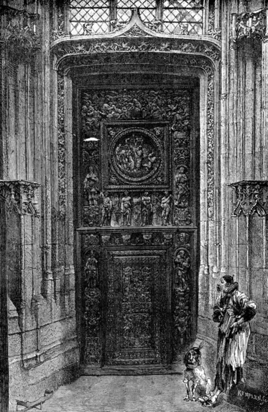 Kyrkan Maclou Dörren Vänster Sida Gatan Malpalu Vintage Graverad Illustration — Stockfoto