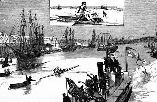 Amerikaanse Sport Regatta Vintage Gegraveerde Illustratie Journal Des Voyage Travel — Stockfoto