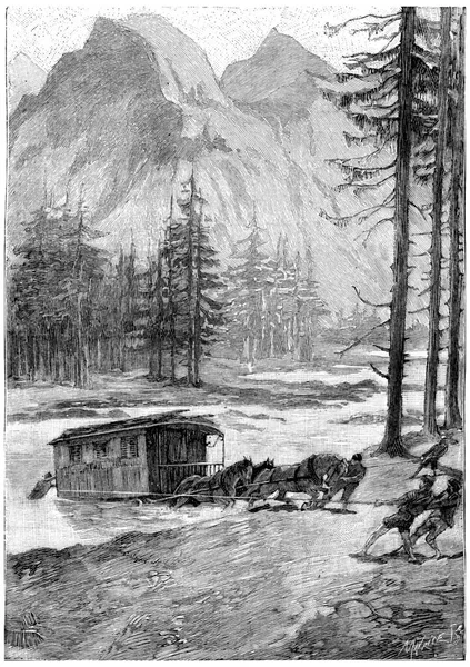 川のロック一度交差し ヴィンテージの刻まれたイラスト ジュール ヴェルヌ シーザー カスカベル1890年 — ストック写真
