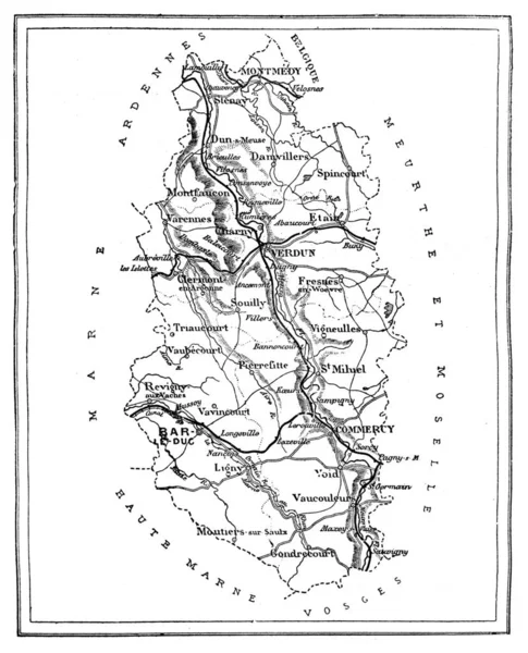 默兹省的地图 古老的雕刻插图 Journal Des Voyage Travel Journal 1879 — 图库照片