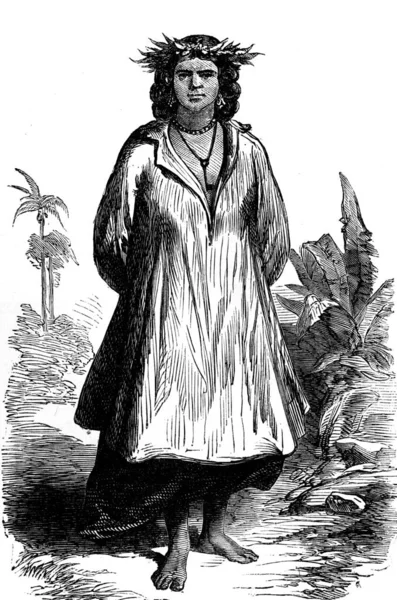 タヒチだ 女性の種類 ヴィンテージ刻まれたイラスト Journal Des Voyages Travel Journal 1880年 1881年 — ストック写真