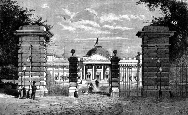 Malebná Belgie Brusel Pohled Královský Palác Archivní Rytá Ilustrace Journal — Stock fotografie