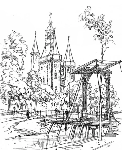 オランダのカラスが飛ぶ 教会とメッペルの橋 ヴィンテージの刻まれたイラスト Journal Des Voyage Travel Journal 1880年 1881年 — ストック写真