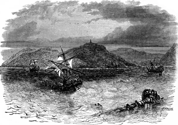 Eine Seeschlacht Nahm Die Kollision Drei Gefäße Oldtimer Graviert Illustration — Stockfoto