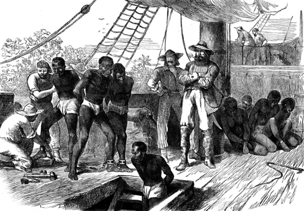 非洲的奴隶制 古老的版画插图 Journal Des Voyage Travel Journal 1880 — 图库照片