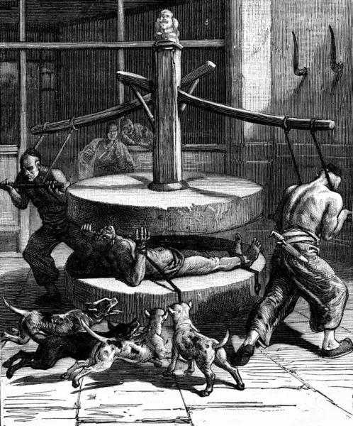 Strange Ordeal Expires Soon Crushed Two Executioners Vintage Engraved Illustration — Stock Photo, Image