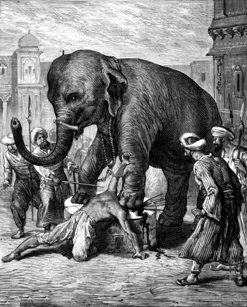 Die Bestrafung Eines Verräters Der Elefant Zerquetscht Seinen Kopf Mit — Stockfoto