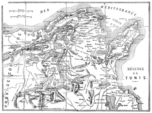 突尼斯地图 老式雕刻插图 Journal Des Voyage Travel Journal 1880 — 图库照片