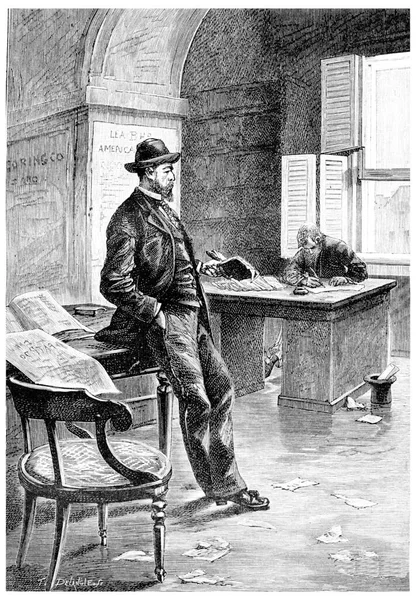 バーカーはオフィスを開き ヴィンテージの刻印されたイラスト ジュール ヴェルヌ ミスドレス ブラニアン1891年 — ストック写真