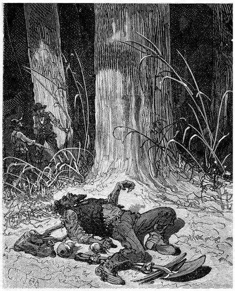 挖掘机威廉 迪兹在森林里饿死了 雕刻了古老的插图 Journal Des Voyage Travel Journal 1880 — 图库照片