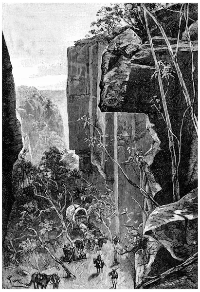 在狭窄的峡谷上 成功了 被峡谷截断 雕刻出古老的图画 Jules Verne Mistress Branican 1891年 — 图库照片