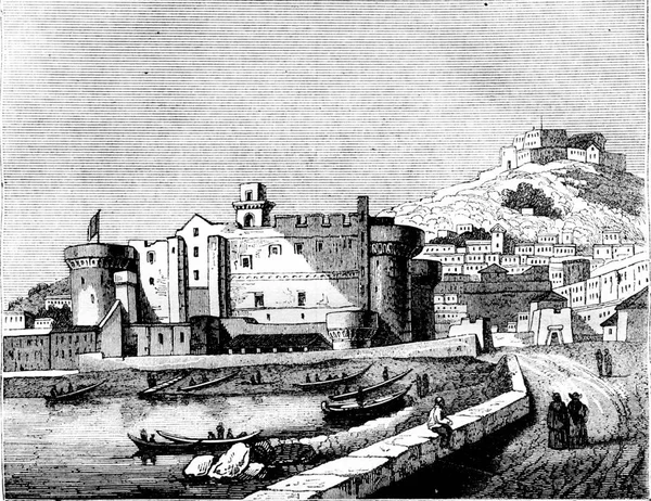 Вид Шато Неф Неаполі Вінтажний Вигравіруваний Малюнок Маґасін Піттореск 1836 — стокове фото