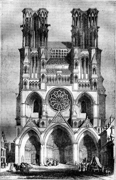 Вид Католический Собор Лаона Винтажная Иллюстрация Магазин Питтореске 1836 Года — стоковое фото