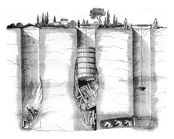 井戸のセクションシャンパンと救助シャフト ヴィンテージ刻まれたイラスト Magasin Pittoresque 1836 — ストック写真
