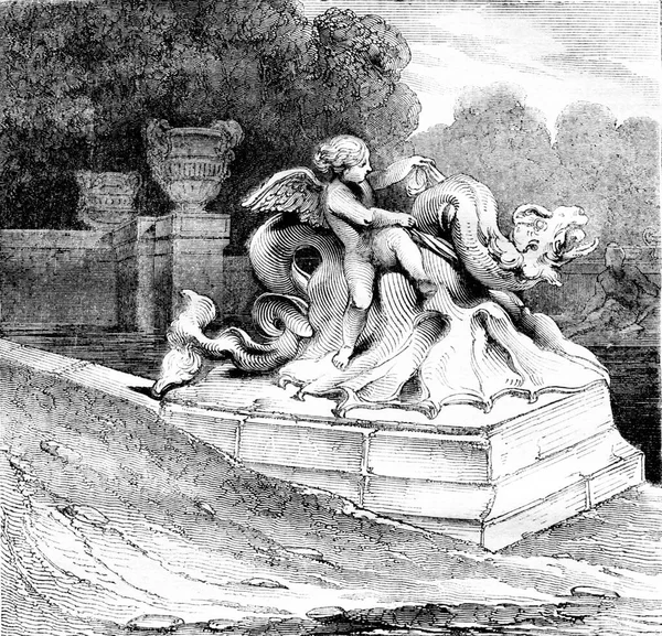一组海王星盆地 凡尔赛公园 古老的雕刻插图 Magasin Pittoresque 1836年 — 图库照片