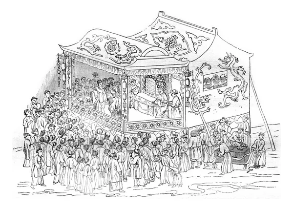 中国の劇場は 公共広場では ヴィンテージの刻まれたイラスト Magasin Pittoresque 1841 — ストック写真