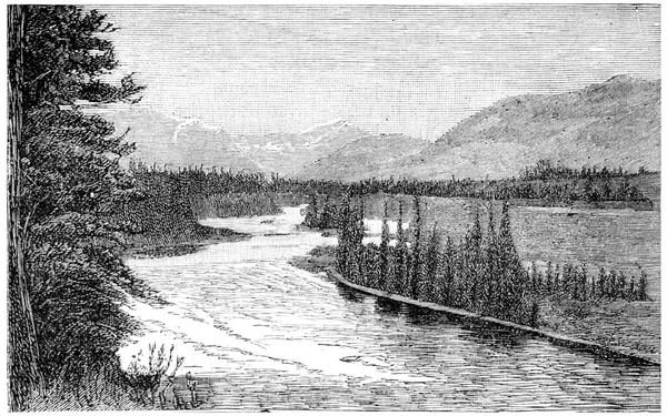Bow River Nära Padmore Vintage Graverad Illustration Journal Des Voyages — Stockfoto