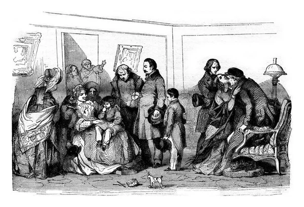 Pierwszego Dnia Roku Wizyta Dziadkami Vintage Grawerowane Ilustracji Pittoresque 1843 — Zdjęcie stockowe