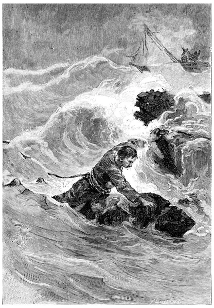 布兰尼克掉在刀片中间 雕刻了古老的图解 Jules Verne Mistress Branican 1891年 — 图库照片