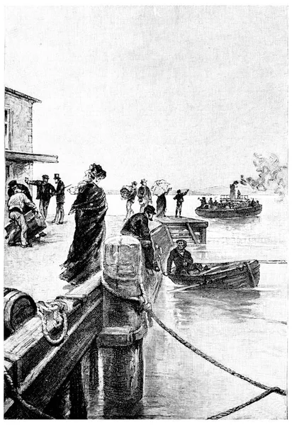 桟橋からボートが出てきた ヴィンテージの刻まれたイラスト ジュール ヴェルヌ ミスドレス ブラニアン1891年 — ストック写真