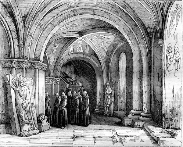 1843 있었던 전시회 대성당의 지하에 승려들 빈티지 Magasin Pittoresque 1843 — 스톡 사진