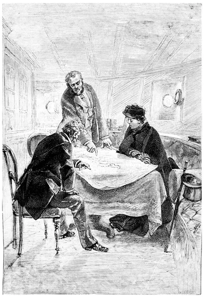 エリス船長は遠征の話をしたヴィンテージの刻まれたイラストだ ジュール ヴェルヌ ミスドレス ブラニアン1891年 — ストック写真