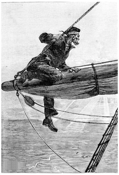 当他骑在铁栏上的时候 雕刻了古老的插图 Jules Verne Mistress Branican 1891年 — 图库照片