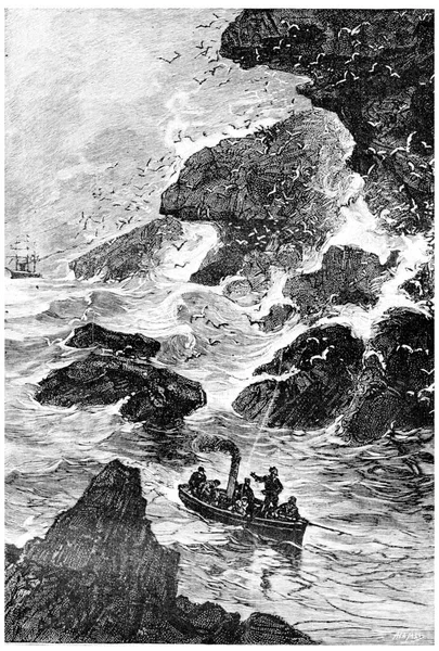 那艘船穿过山口 刻有古老的图解 Jules Verne Mistress Branican 1891年 — 图库照片