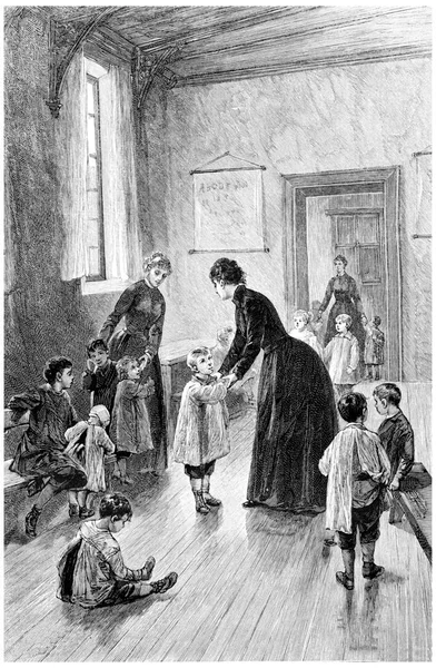 ブラニアン夫人は毎日 ヴィンテージの刻まれたイラストを訪問しに来ました ジュール ヴェルヌ ミスドレス ブラニアン1891年 — ストック写真