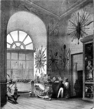 Naval Museum in the Louvre, Room La Perouse, second sight, vintage engraved illustration. Magasin Pittoresque 1847.. clipart