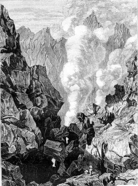 グアドループ ヴィンテージ刻まれたイラストでラSoufriere火山 Magasin Pittoresque 1843 — ストック写真